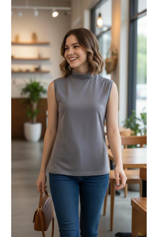 Women's Sleeveless Bodysuit Zero Sleeve Turtleneck Badi Super Quality Turtleneck Gray