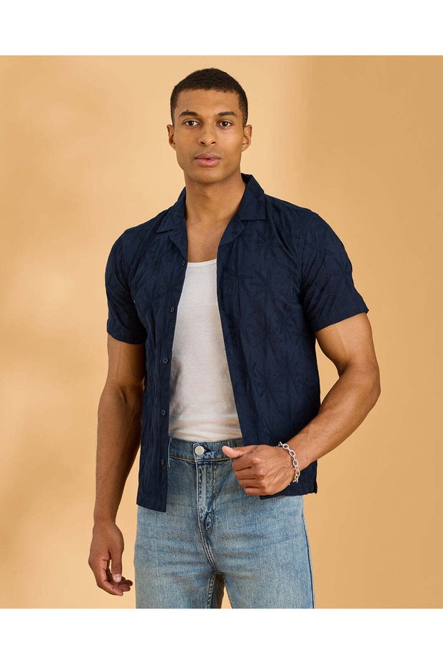 Men Navy Allover Print Short Sleeve Shirt
