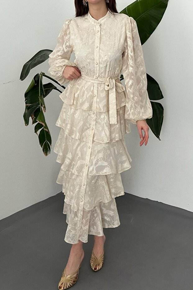 Volanlı Şeritli Kat Kat Elbise - 2