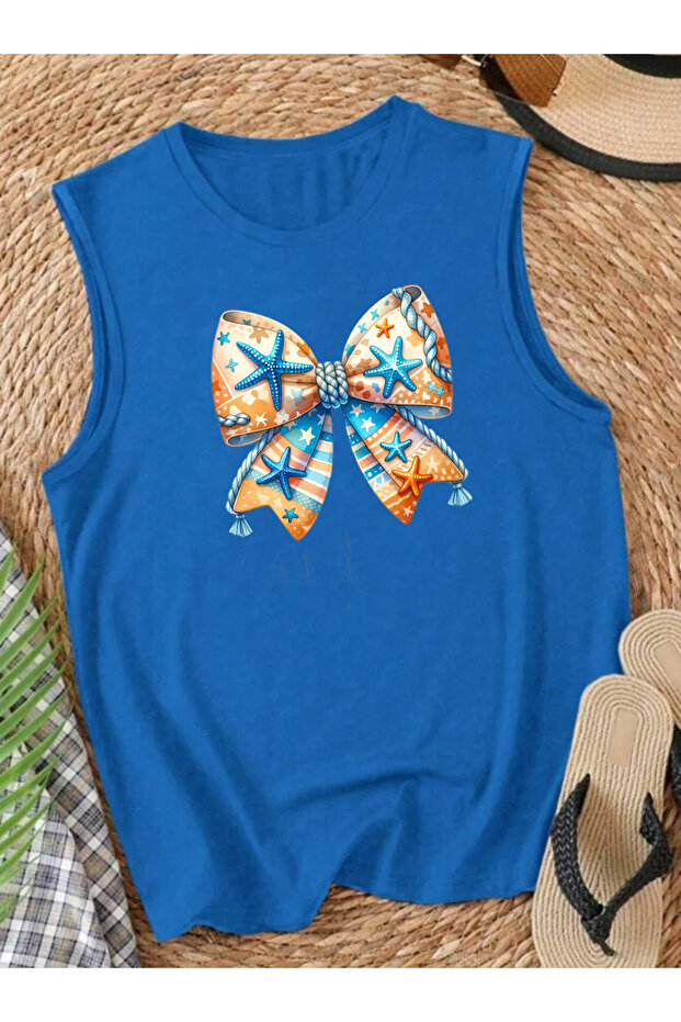 Yaz Beach Ribbon Summer Printed Summer Sleeveless Crew Neck Women's Tshirt