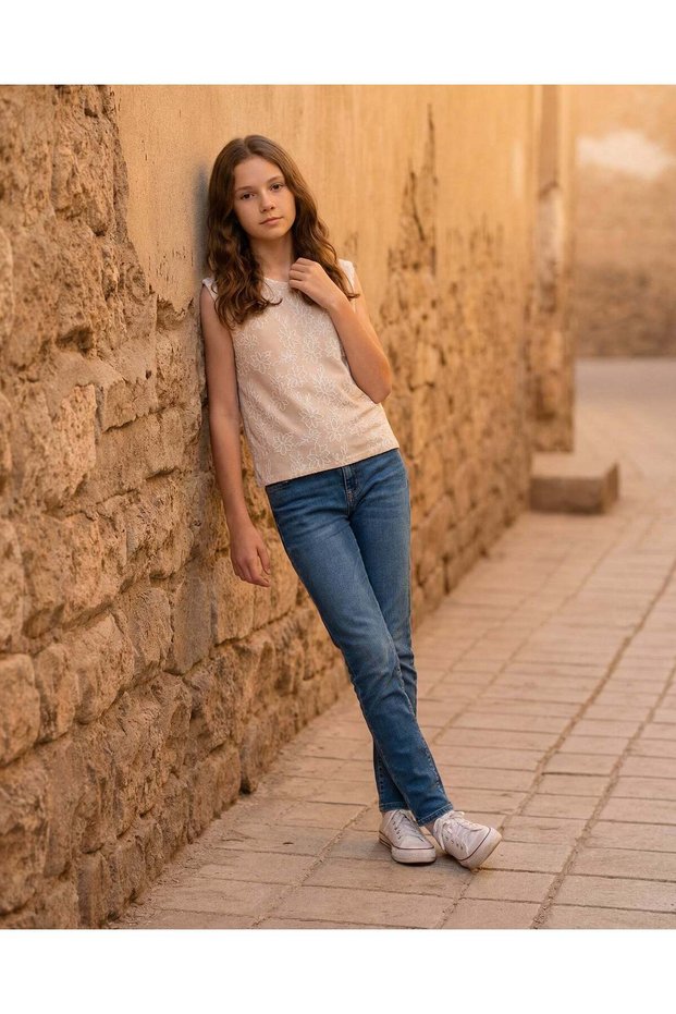 Senior Girls Brown And White Jacquard Top