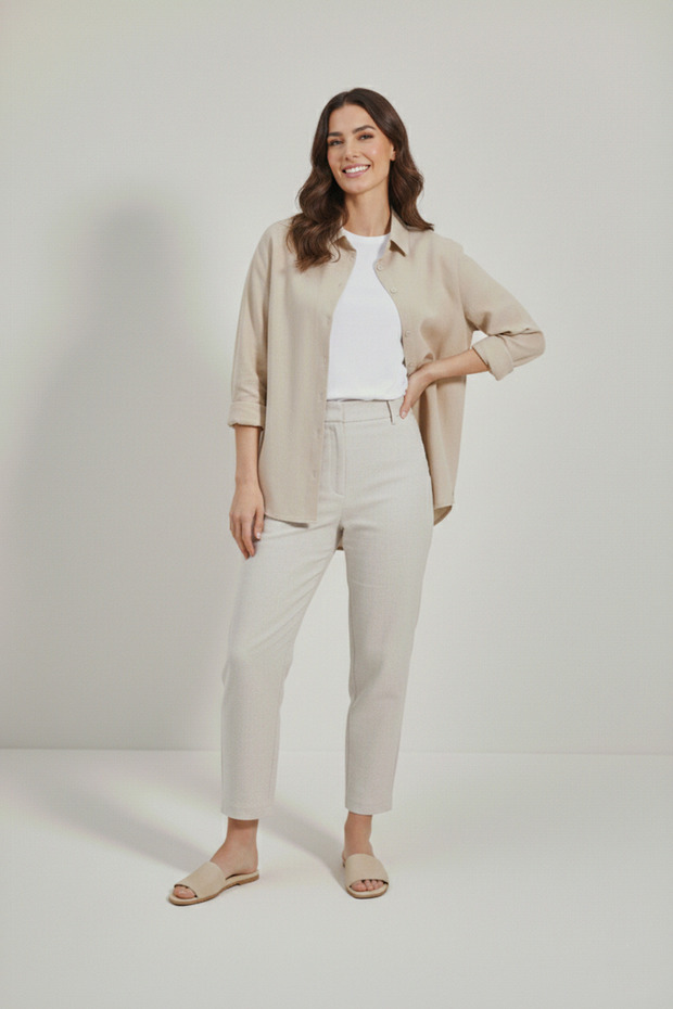 Oversize Uzun Basic Keten Gömlek - 2