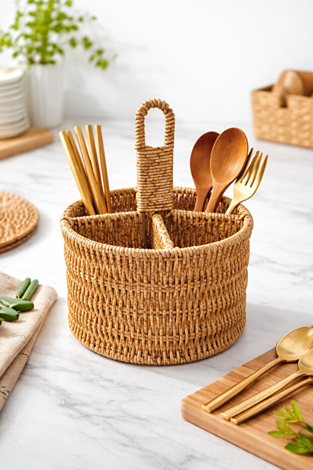 4-Compartment Rattan Spoon Holder