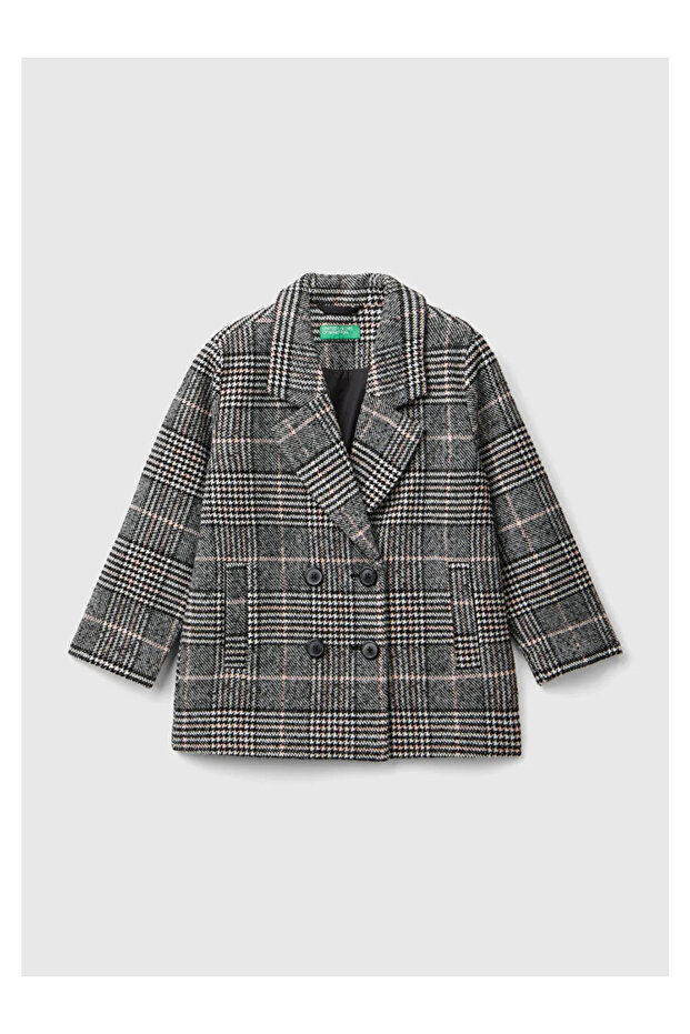 United Colors of Gray Girls' Smoked All-Over Patterned Double-Breasted Tweed Jacket with Side Pockets