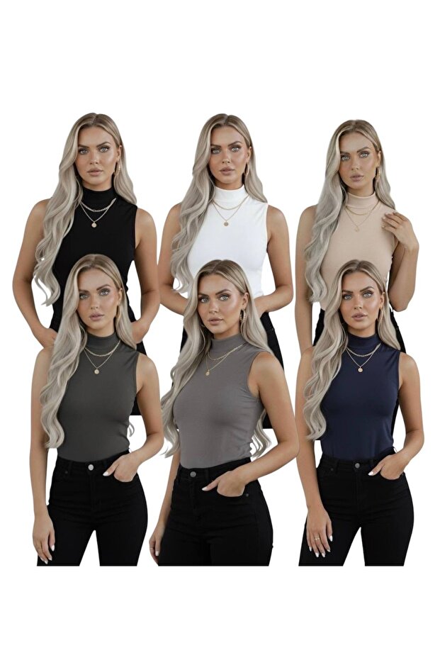 Women's 6-Piece Zero Sleeve Sleeveless Bodysuit Viscose Turtleneck Bodysuit 6 Pieces Turtleneck