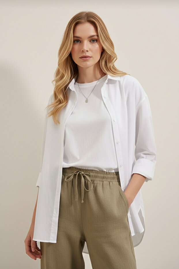 قميص كتان أساسي طويل كبير الحجم - 1