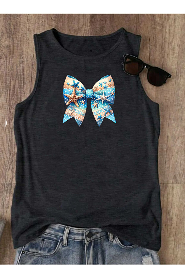 Yaz Beach Ribbon Summer Printed Summer Sleeveless Crew Neck Women's Tshirt