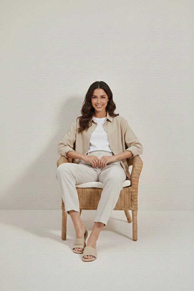 Oversize Uzun Basic Keten Gömlek - 3