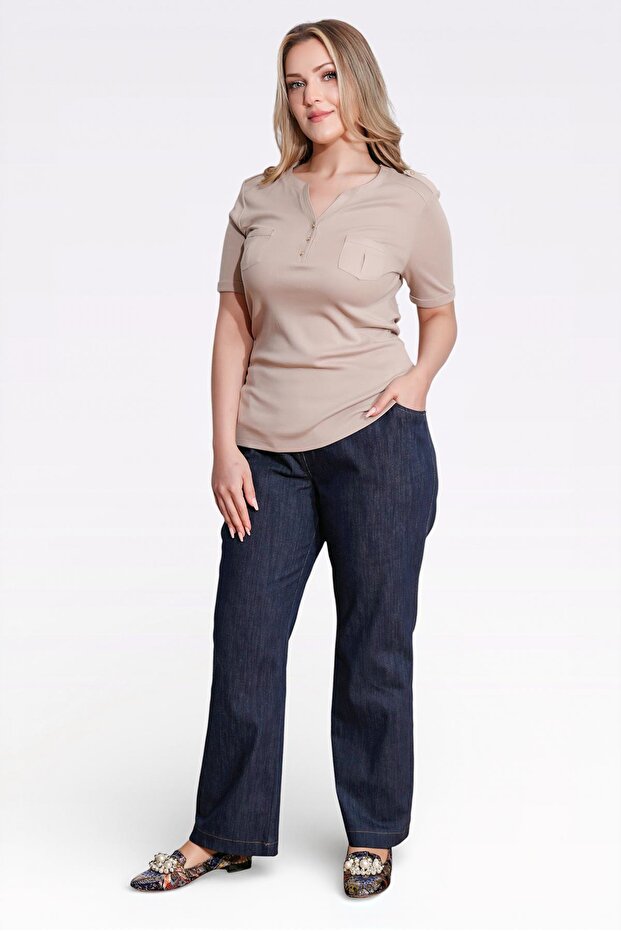 30148 Dark Blue Comfortable Cut Denim Pants with Elastic Waist and Tube-Cut Cuffs