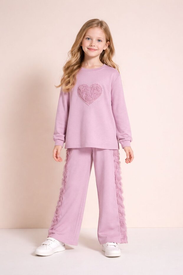 Pink Rose Detailed Wide-Legged Pants Girl's 2-Piece Set 23730