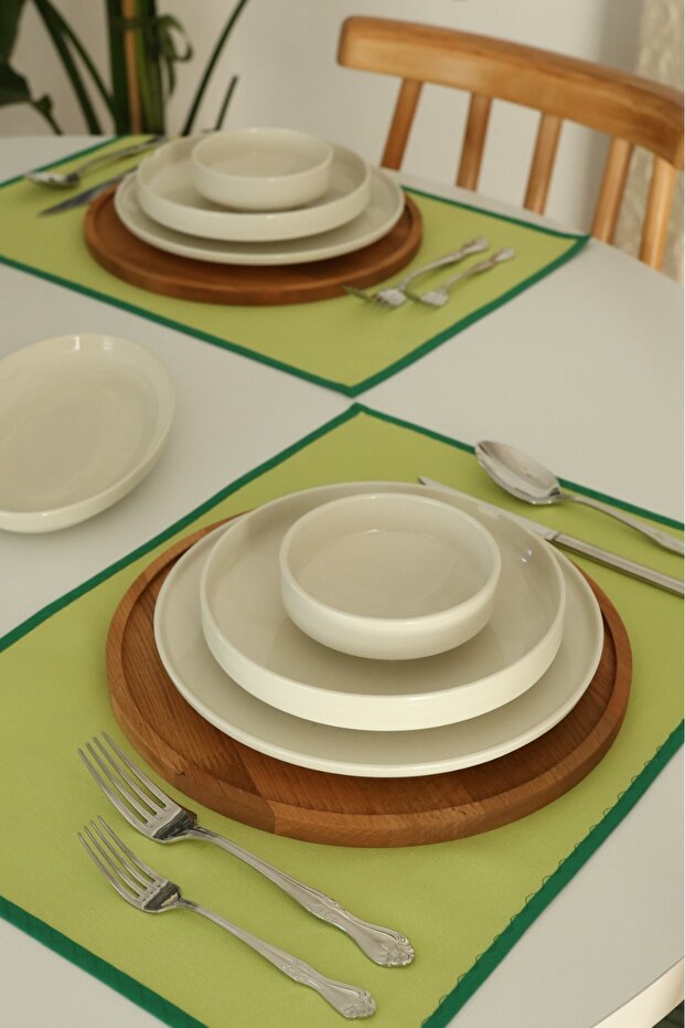 Yakacihome 2-Piece Pera Green Piping Detailed Duck Linen Supla Placemat Set
