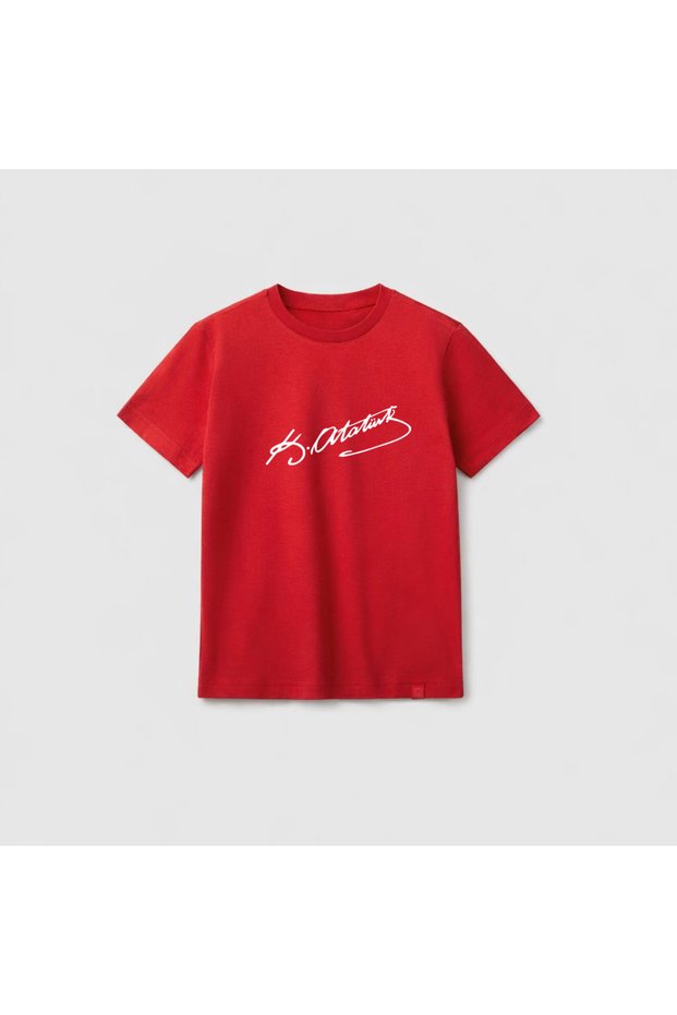 Mustafa Kemal Atatürk Signature Printed Crew Neck Red Kids T-Shirt T-Shirt