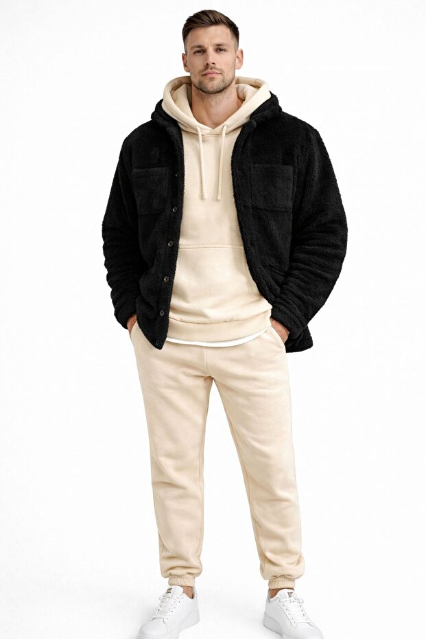Men's Oversize Hooded Tracksuit Set with Plush Jacket, 3-Piece Combination, Comfortable Fit