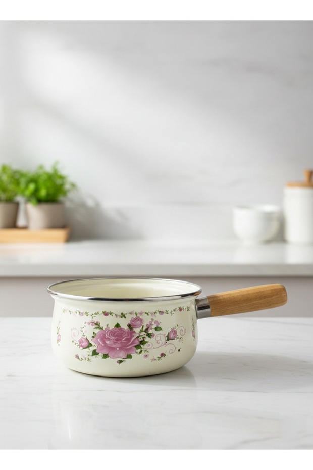 Pink Floral Patterned Enamel Sauce Bowl with Wooden Handle, Milk Bowl - 16cm