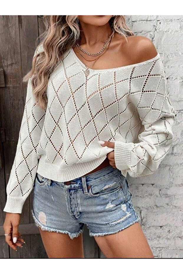 Beige sweater with Openwork Patterned, Drapey and short cut - 1
