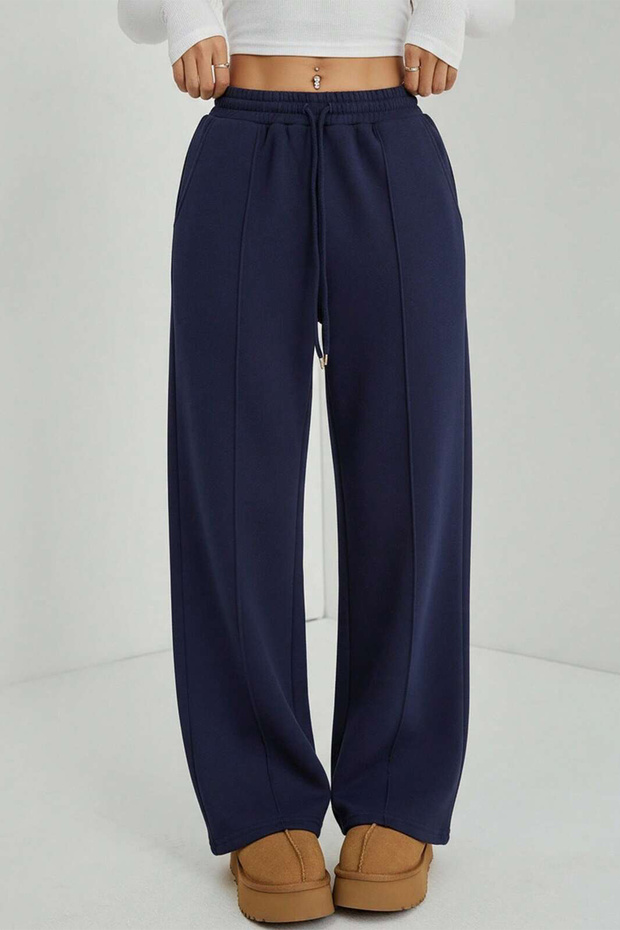 Navy Blue Striped Modal Premium Fabric High Waist Baggy Wide Leg Sweatpants