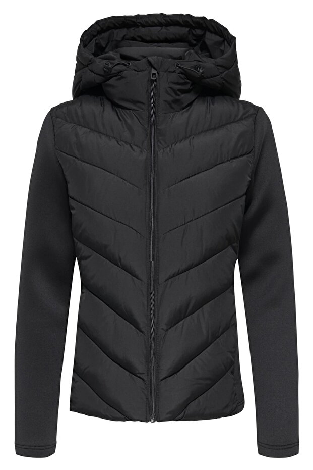 Women’s Hooded Black Puffer Coat Scuba Sleeve Detail Range Rover Mom Jacket