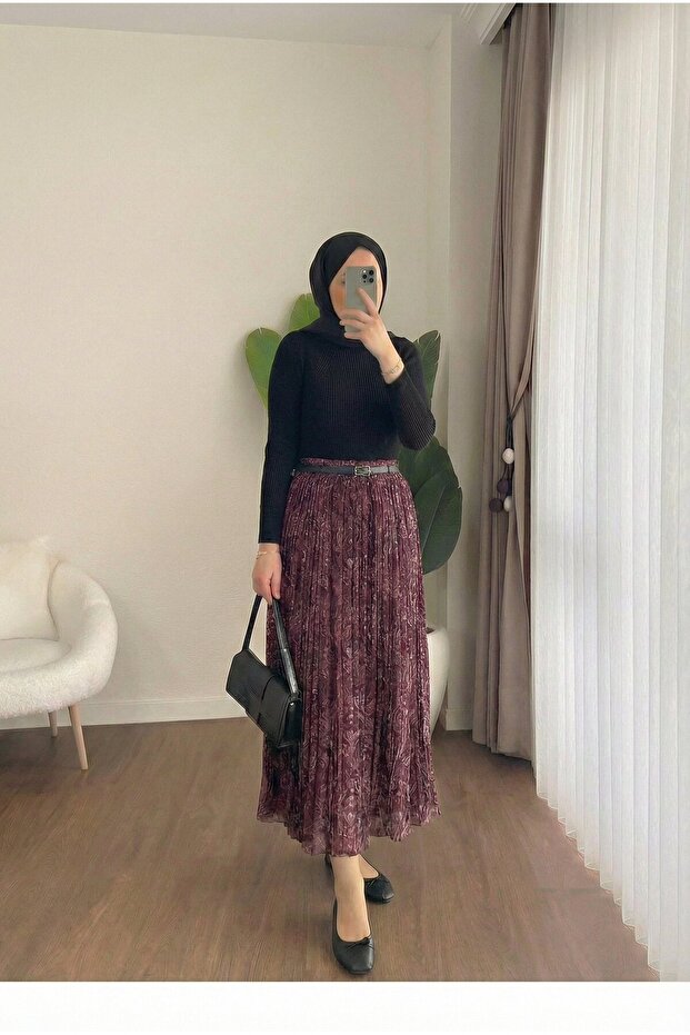 Belted Waist Belted Shawl Patterned Pleated Skirt
