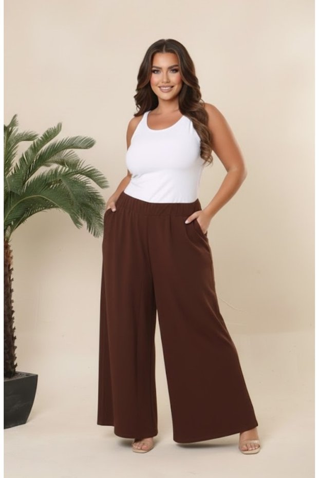 Women's Plus Size Relaxed Fit Elastic Waist Aerobin Linen Loose Trousers with Pockets 26051