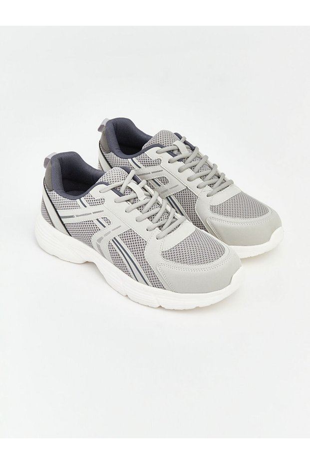 Gray Lace-Up Mesh Detailed Men's Sports Shoes