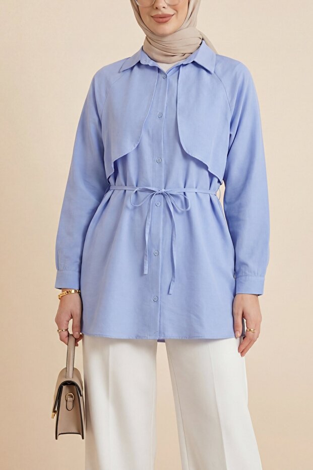 Bolero Detailed Lace-Up Poplin Tunic - Baby Blue
