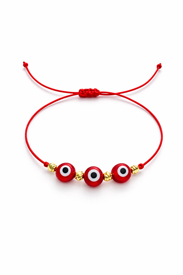 3 Glass Evil Eye Beads Detailed Gold Dorical Adjustable Red String Bracelet - Does Not Tarnish