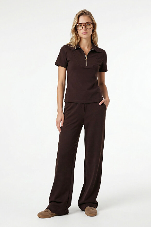 Women's Nola Modal Touch Zippered Polo Collar Waist Elastic Pocketed Brown Top and Bottom Set