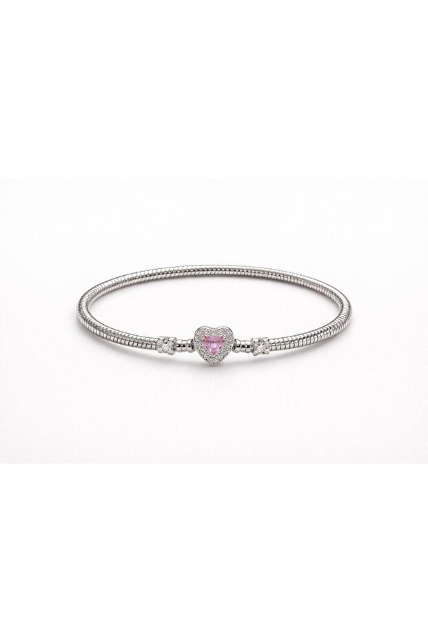 Silver Bracelet with Pink Stone Heart Figure