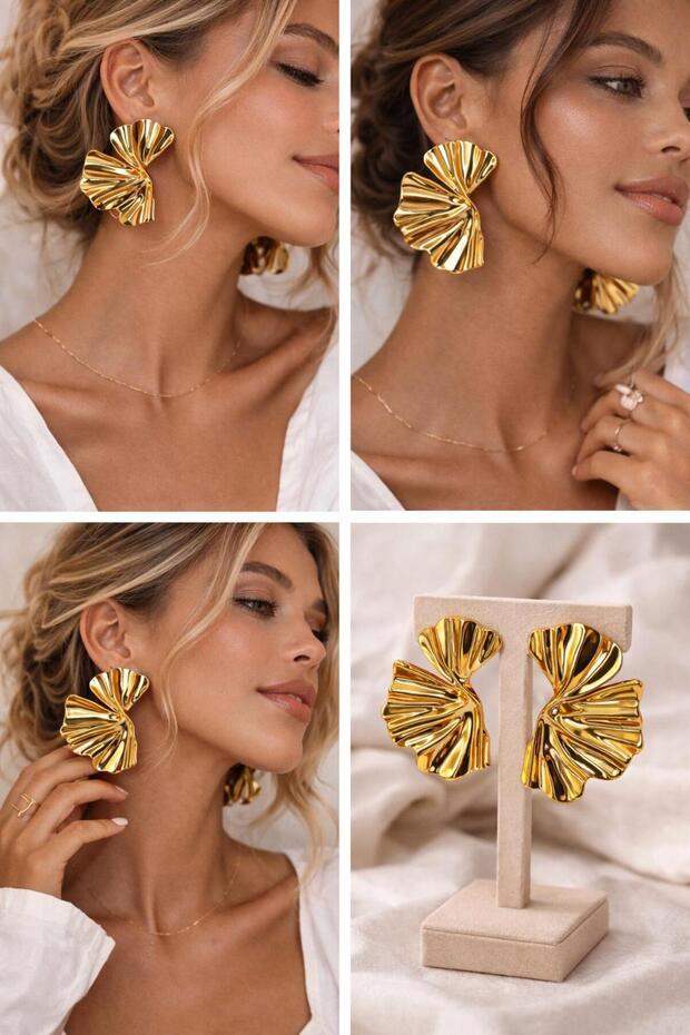 Gold Dalga Form Küpe - 1