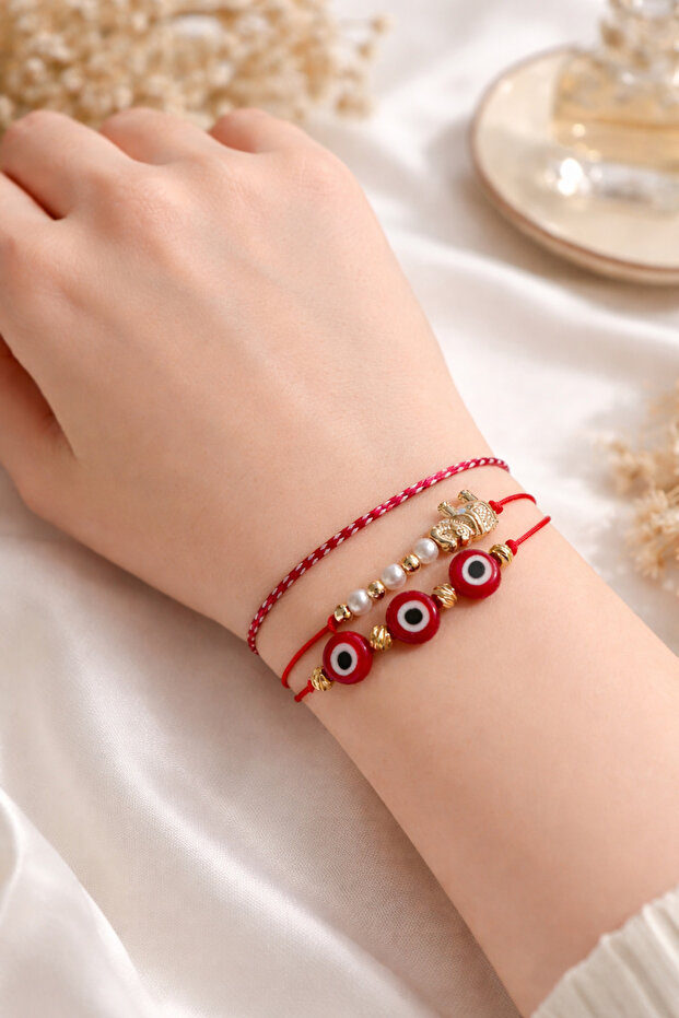 3-Piece Evil Eye Beaded Elephant and Pearl Detailed Korean String Carded Marteniçka Bracelet Set - Does Not Tarnish