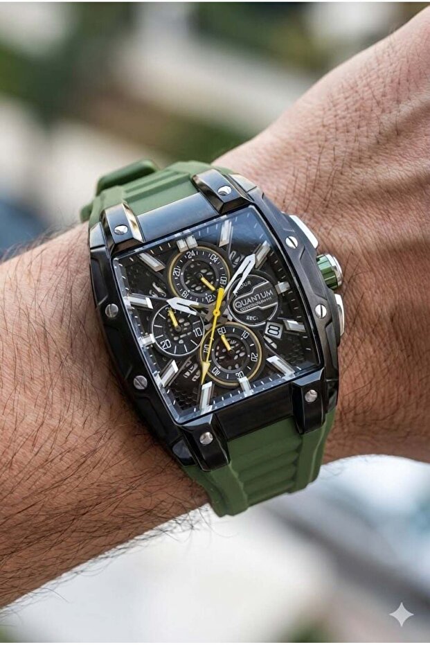 Sporty Strong Design Men's Wristwatch | Dark Green Silicone Cord, Chronograph, 5Atm