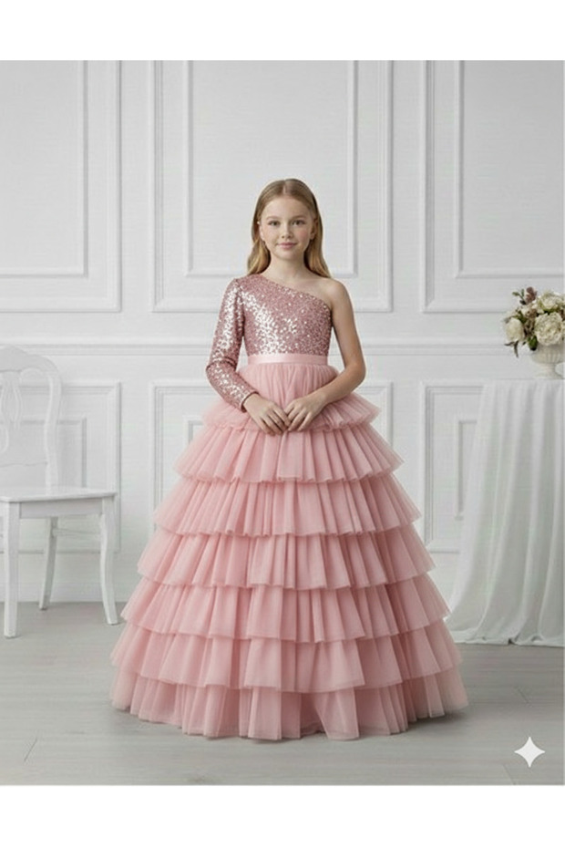 Girl's One-Shoulder Sequined Layered Tulle Detailed Pink Evening Dress, Graduation Dress