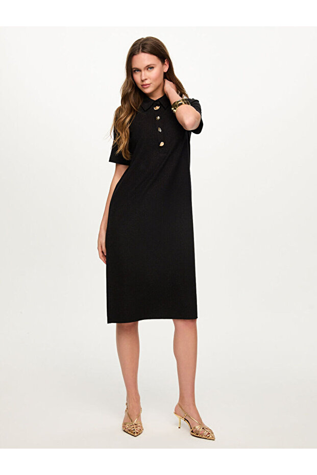 Gold Düğmeli Simli Örme Elbise S26ELB008 - 1