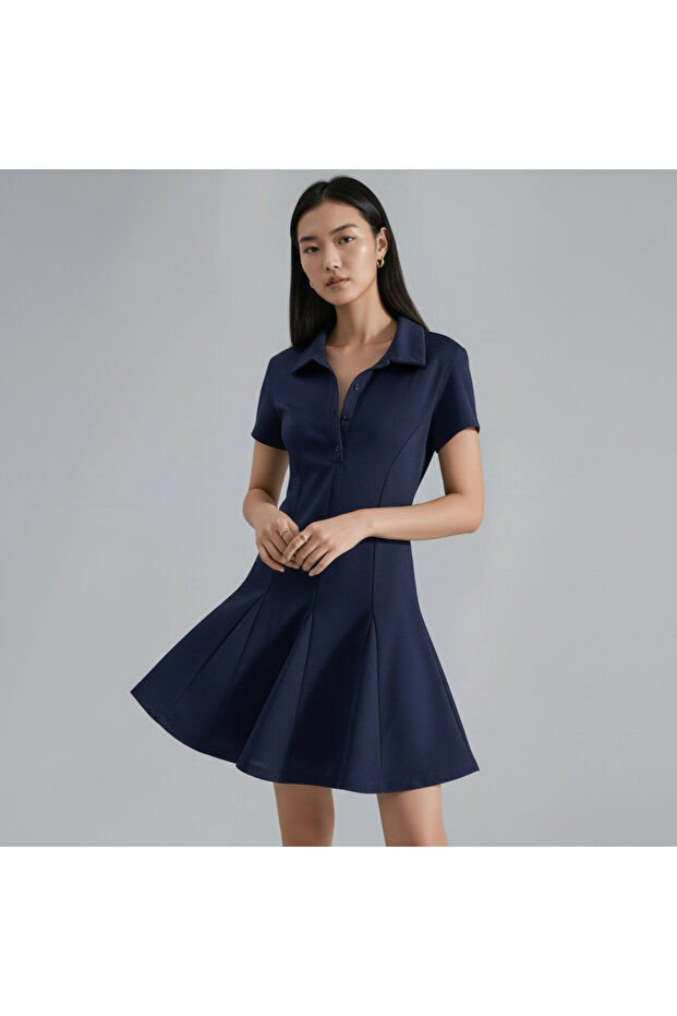 Navy Blue Polo Collar Mini Dress