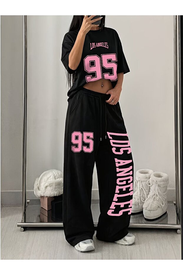 Unisex Los Angeles 95 Printed Oversize Tshirt and Baggy Sweatpants - Summer Two-Piece Tracksuit Set