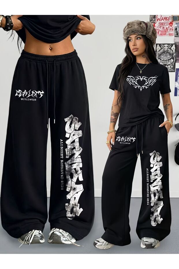 Unisex World Wide Printed Oversize Tshirt and Baggy Sweatpants - Summer Two-Piece Tracksuit Set