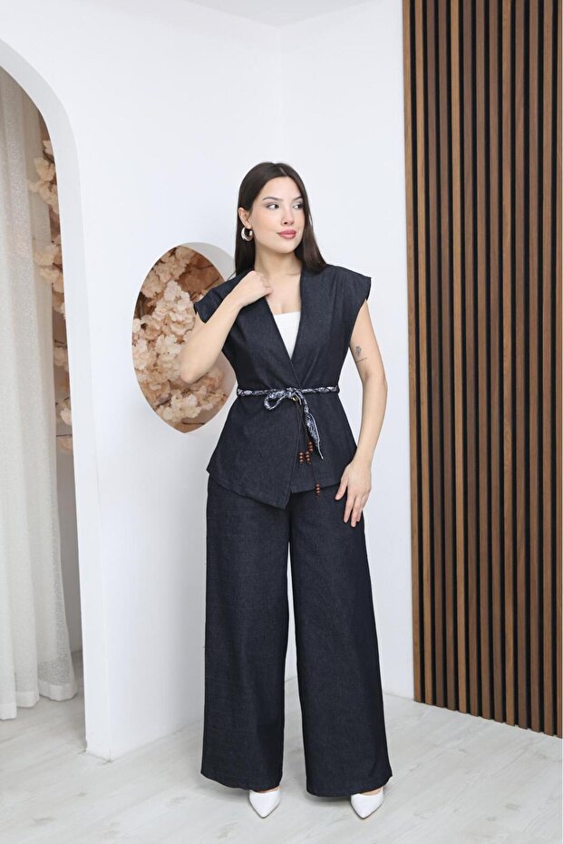 Navy Blue Satin Belted Lycra Denim Vest and Trousers Set - Wide Fit
