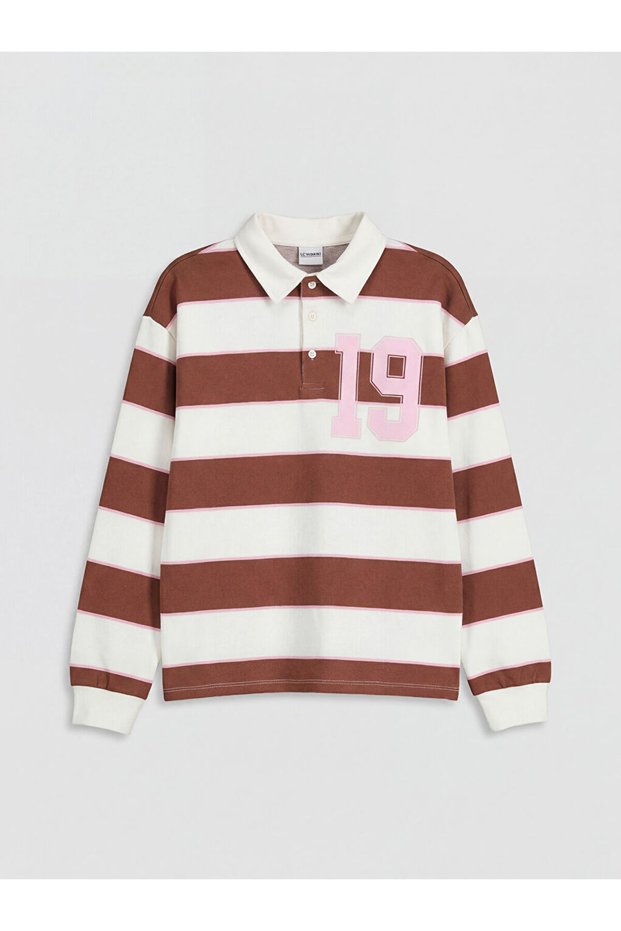 Lcw Kids Brown Polo Neck Striped Girl's T-Shirt