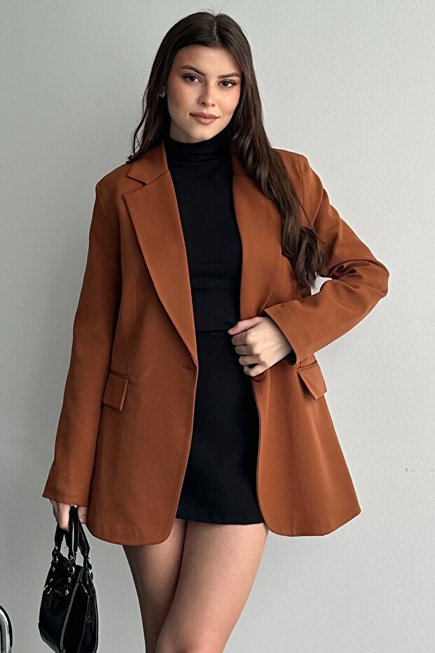 Kadın Taba Düğmeli Oversize Blazer Ceket - 3