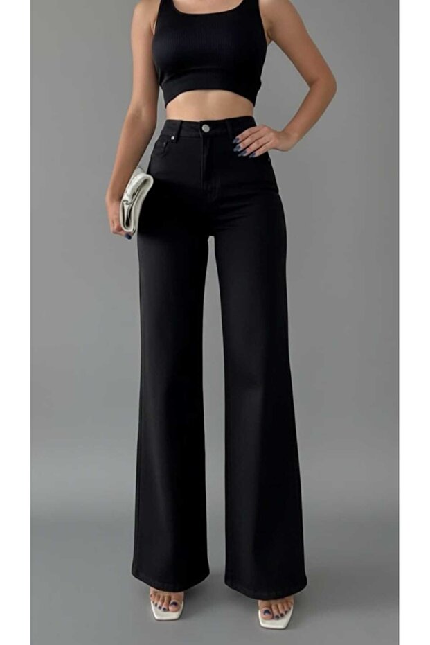 Women's Black Casual High Waist Lycra Wide Leg Denim Jeans