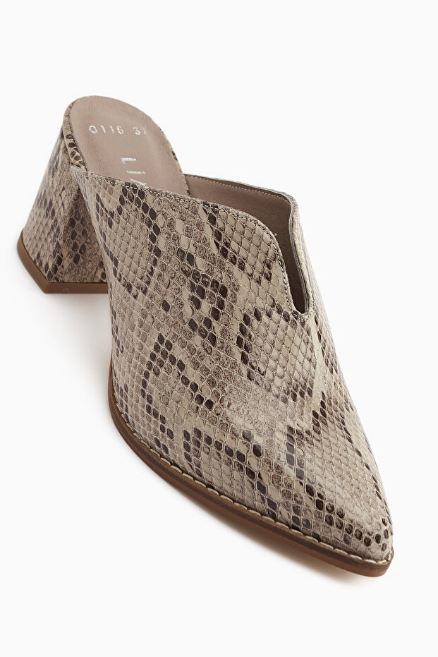 Rachel Genuine Leather Beige Snake Pattern Women's Heeled Slippers