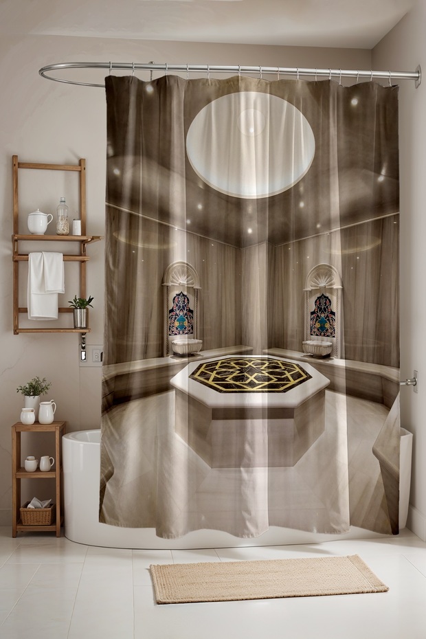Bathroom Curtain, Turkish Hammam Patterned Shower Curtain, Bathtub Curtain 175X200Cm