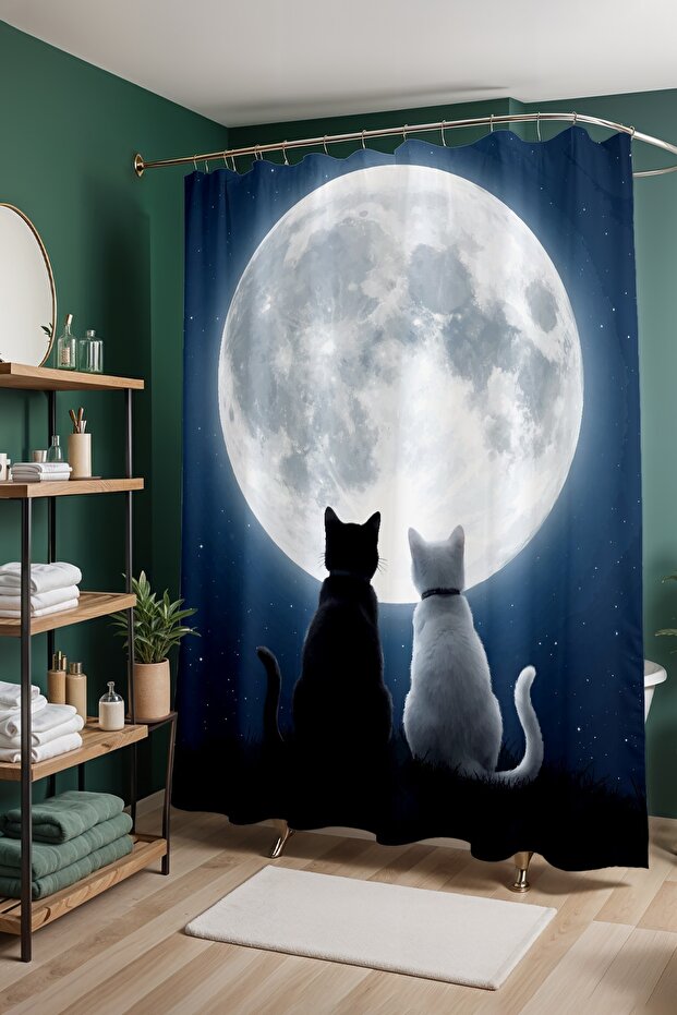 Bathroom Curtain, Cats in Moonlight Patterned Shower Curtain, Bathtub Curtain 175X200Cm