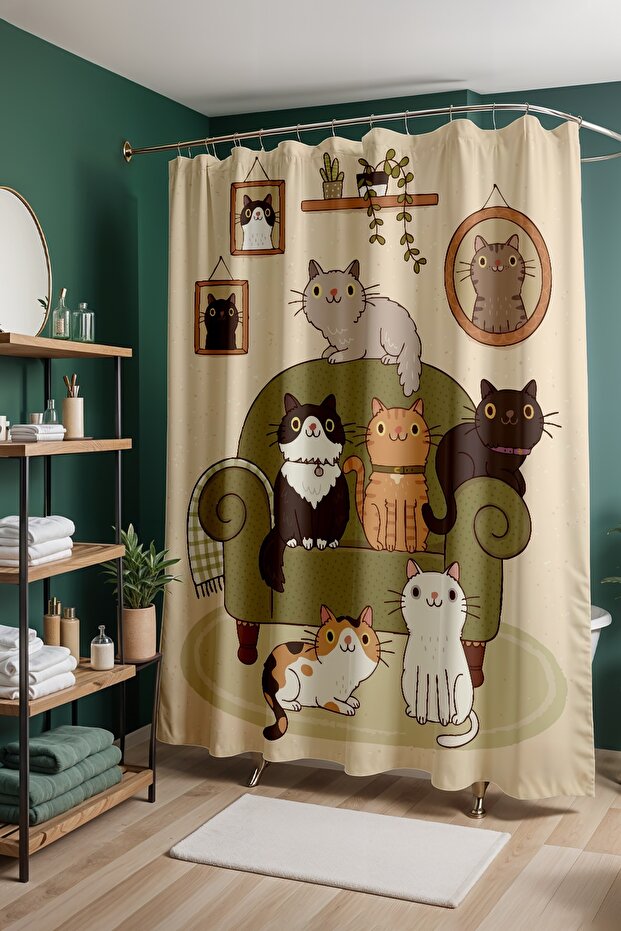 Bathroom Curtain, Cats on the Sofa Patterned Shower Curtain, Bathtub Curtain 175X200Cm