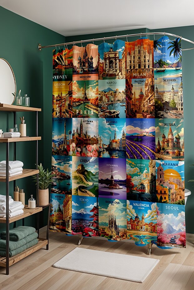 Bathroom Curtain, Traveler's Route Patterned Shower Curtain, Bathtub Curtain 175X200Cm