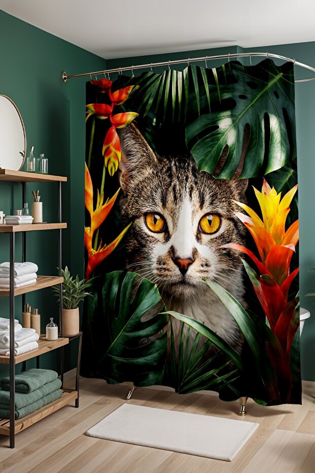 Bathroom Curtain, Botanical Cat Pattern Shower Curtain, Bathtub Curtain 175X200Cm