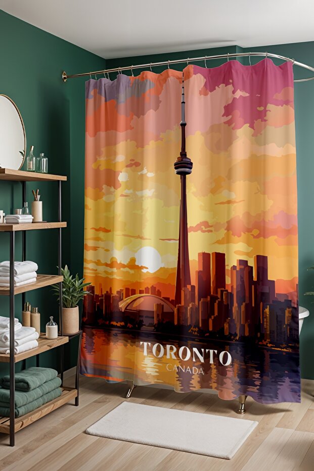 Bathroom Curtain, Golden Clock Toronto Patterned Shower Curtain, Bathtub Curtain 175X200Cm