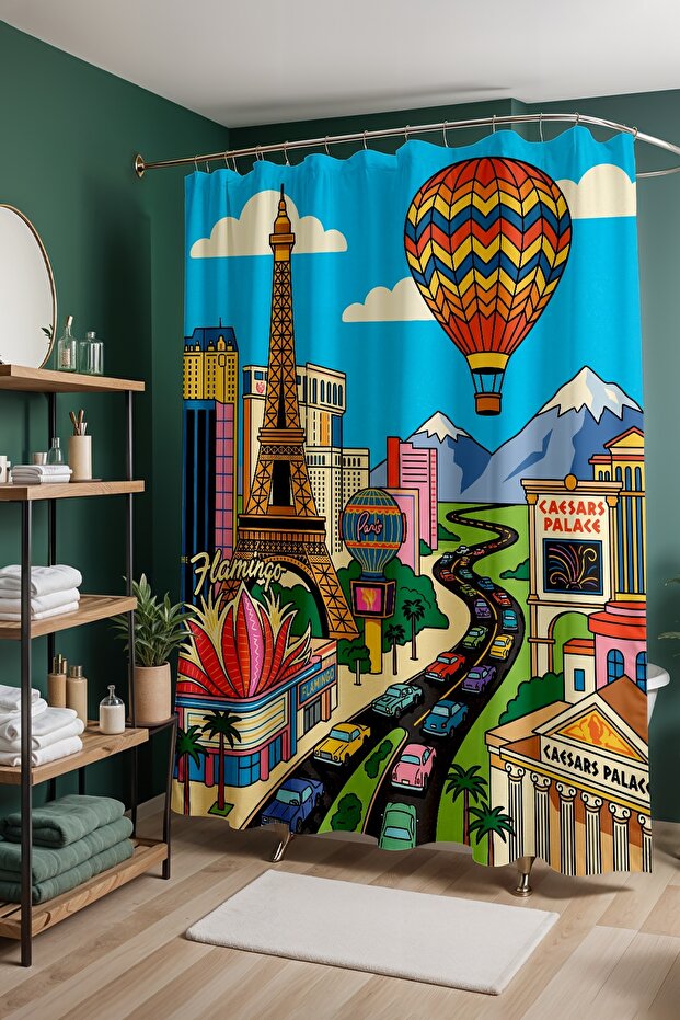 Bathroom Curtain, Retro Balloon Tour Patterned Shower Curtain, Bathtub Curtain 175X200Cm