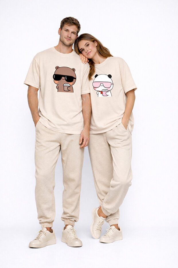 Lover Couple Panda Cup Printed Couple T-Shirt Oversize Unisex Couple Set Gift