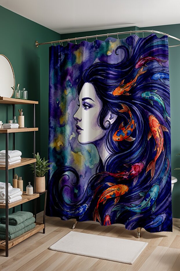 Bathroom Curtain, Mermaid Portrait Patterned Shower Curtain, Bathtub Curtain 175X200Cm